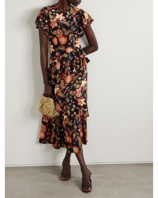 Ulla Johnson White Amaia Tiered Ruffled Floral-Print Silk Midi Dress