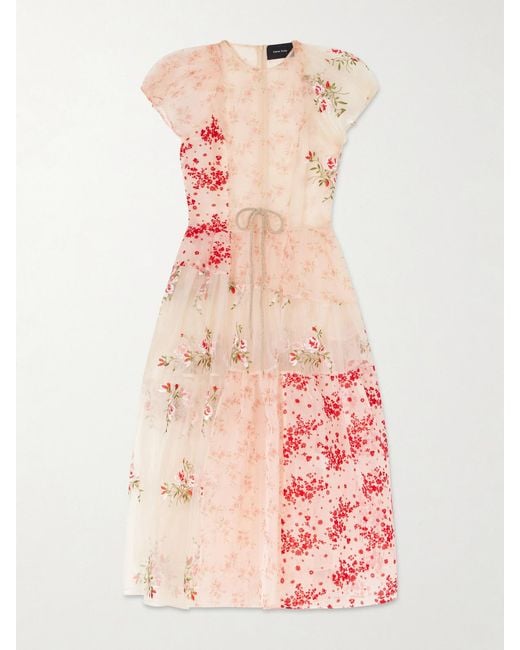 Simone Rocha Pink Sheer Patchwork Floral Midi Dress