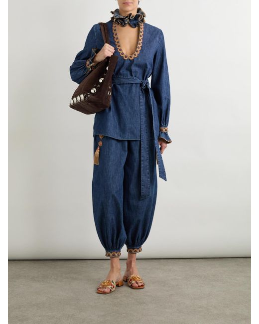 Valentino Garavani Blue Belted Embroidered Ruffled Embellished Chambray Top