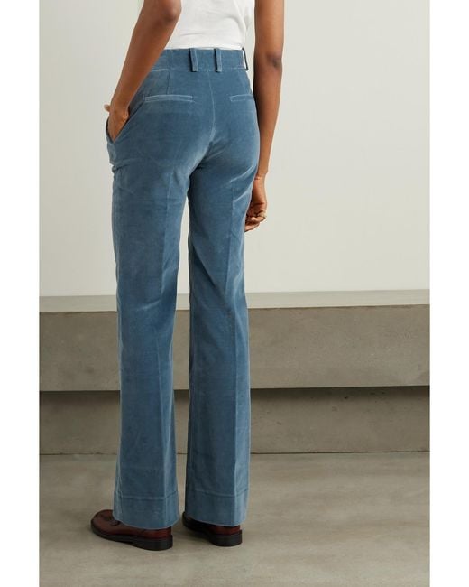 FRAME Blue The Slim Stacked Cotton-Blend Velvet Straight-Leg Pants