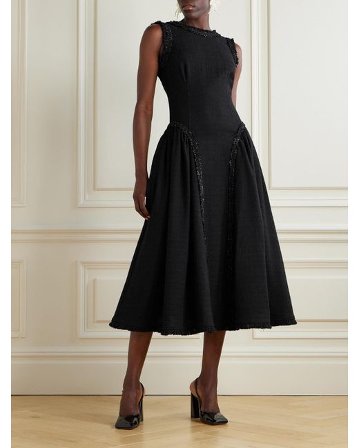 Self-Portrait Black Open-Back Metallic-Trimmed Bouclé-Tweed Midi Dress