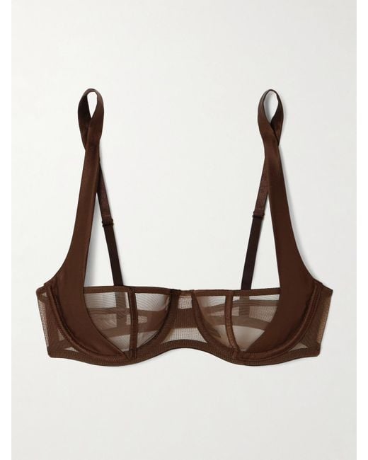 Kiki de Montparnasse Brown Illusion Silk-Blend Satin-Trimmed Tulle Underwired Balconette Bra