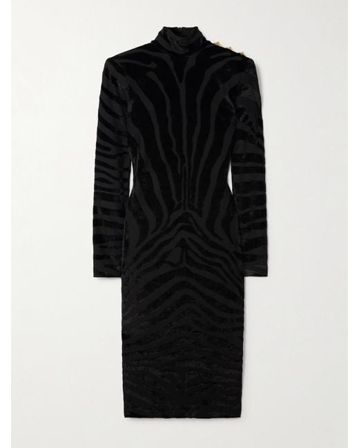Balmain Black Button-Embellished Devoré-Velvet Midi Dress