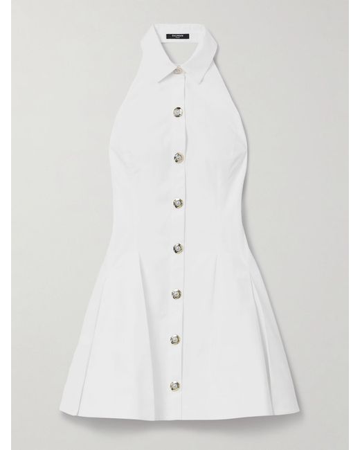Balmain White Pleated Cotton-Poplin Halterneck Mini Dress