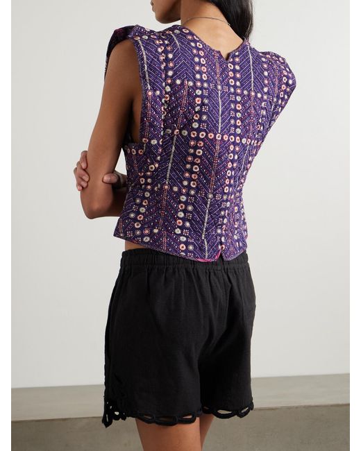 Isabel Marant Purple Cerza Quilted Embellished Printed Cotton Vest