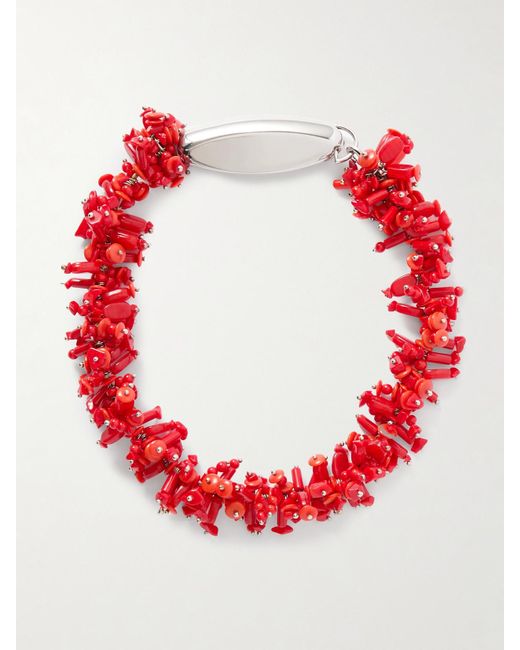 Dries Van Noten Red Silberfarbene Kette Mit Zierperlen