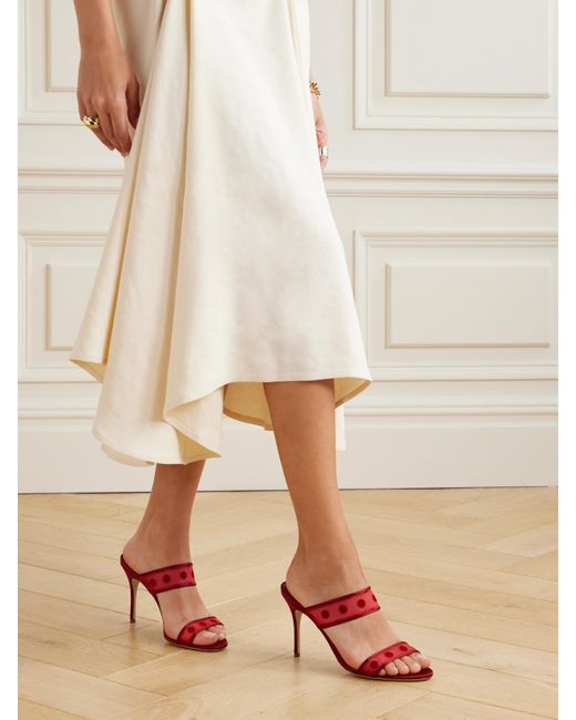 Manolo Blahnik Red Scolobi 90 Satin-Trimmed Flocked Mesh Sandals