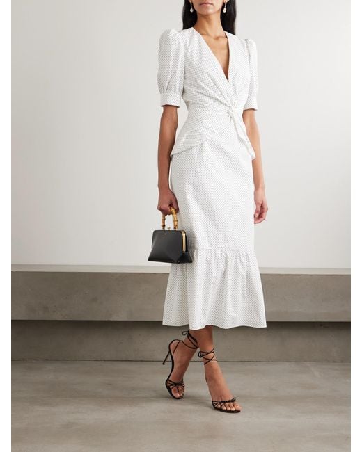 Alessandra Rich White Twist-Front Gathered Printed Cotton-Poplin Midi Dress
