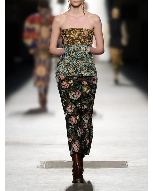 Dries Van Noten Green Strapless Floral-Jacquard Blouse