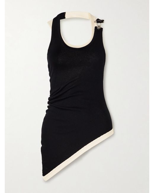 Jean Paul Gaultier Black Asymmetric Layered Buckled Ribbed Cotton-Jersey Tank