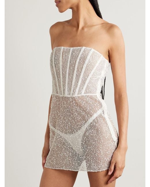Kiki de Montparnasse Natural Ange Strapless Embellished Lace Mini Dress