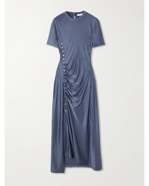 Rabanne Blue Gathered Stretch-Satin Midi Dress