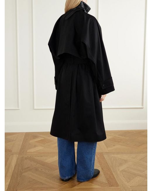 Bottega Veneta Black Belted Intrecciato Leather-Trimmed Cotton-Gabardine Coat