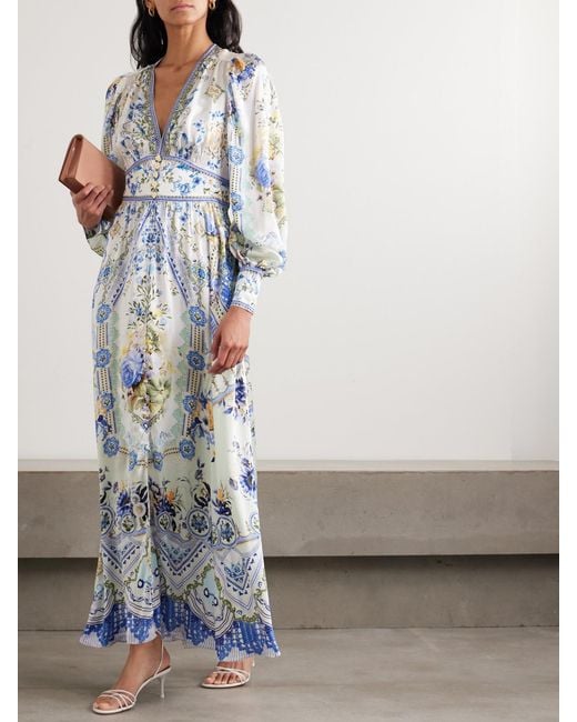 Camilla Blue Crystal-Embellished Shirred Printed Silk Maxi Dress