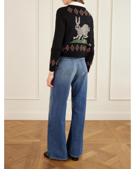 Bode Black Bunny Jacquard-Knit Wool Cardigan