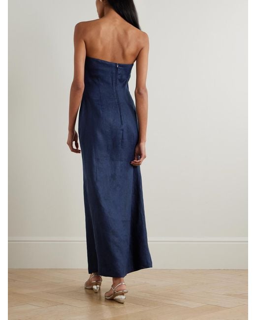 ANDRES OTALORA Blue Bajo Palmera Trägerloses Maxikleid Aus Leinen Mit Falten