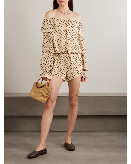 Posse Natural Priscilla Off-The-Shoulder Lace-Trimmed Cheetah-Print Silk-Georgette Blouse