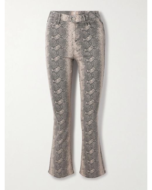 Mother Gray The Hustler Cropped Snake-Print High-Rise Flared Jeans