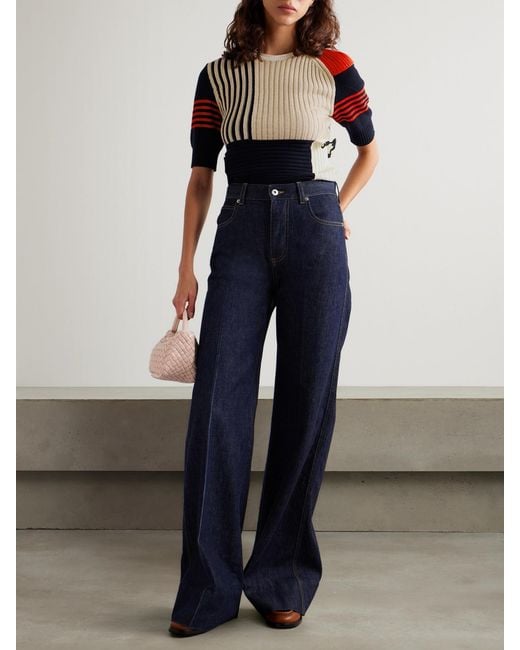 Bottega Veneta Blue Patchwork Ruffled Striped Ribbed Cotton Sweater
