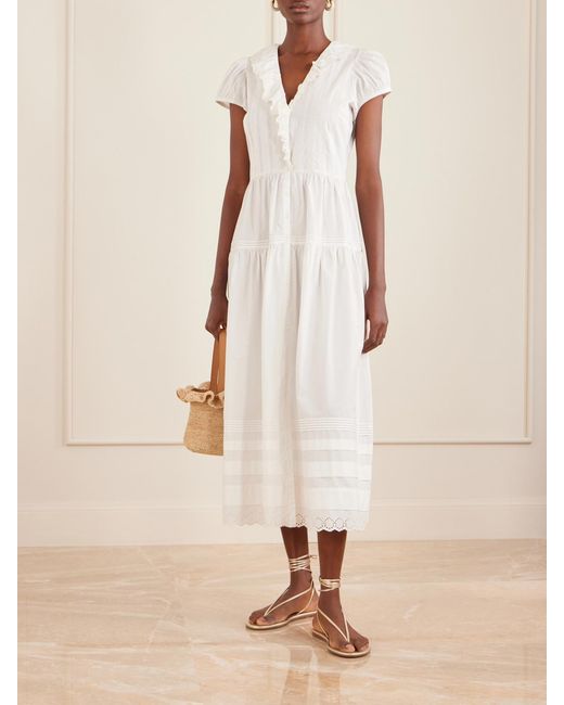 Doen White Eliette Ruffled Brodeire Anglaise-Trimmed Organic Cotton Midi Dress