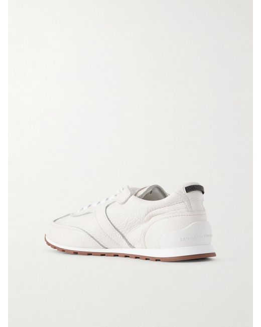 Brunello Cucinelli White Embellished Textured-Leather Sneakers
