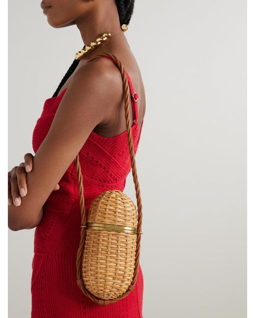 Cult Gaia White Amulet Clutch Aus Rattan Mit Lederbesätzen