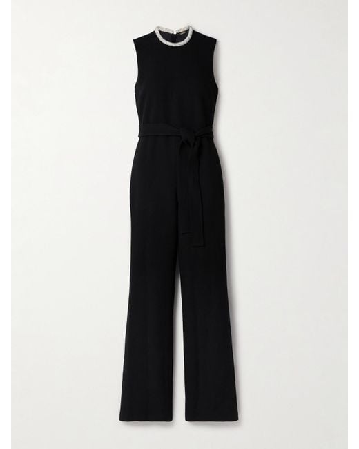Adam Lippes Black Barclay Belted Embellished Wool-Crepe Jumpsuit