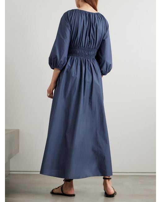 Matteau Blue Shirred Organic Cotton-Poplin Maxi Dress