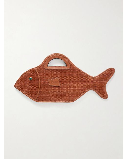 Staud Brown Cleo Logo-Debossed Leather-Trimmed Woven Suede Tote