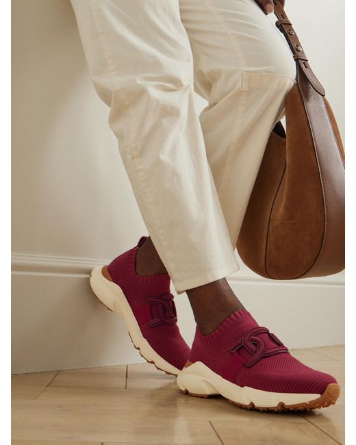 Tod's Red Leather-Trimmed Stretch-Knit Slip-On Sneakers