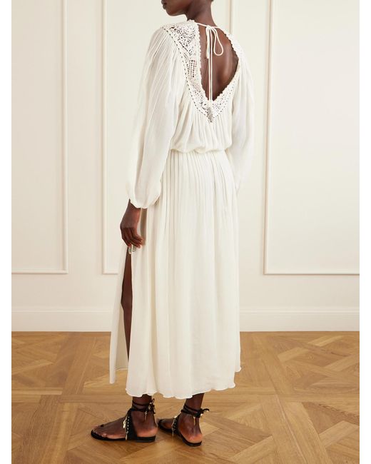 Isabel Marant White Nydia Lace-Trimmed Bead-Embellished Silk-Chiffon Midi Dress
