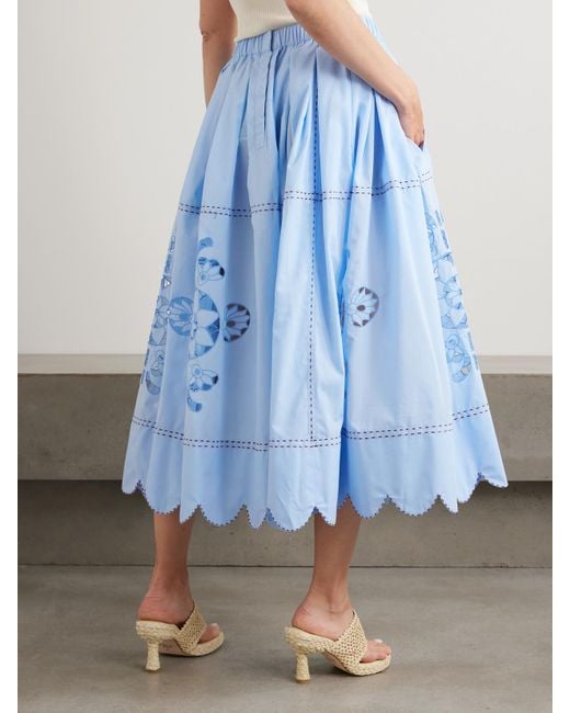 Vita Kin Blue Havana Scalloped Pleated Broderie Anglaise Cotton-Poplin Midi Skirt