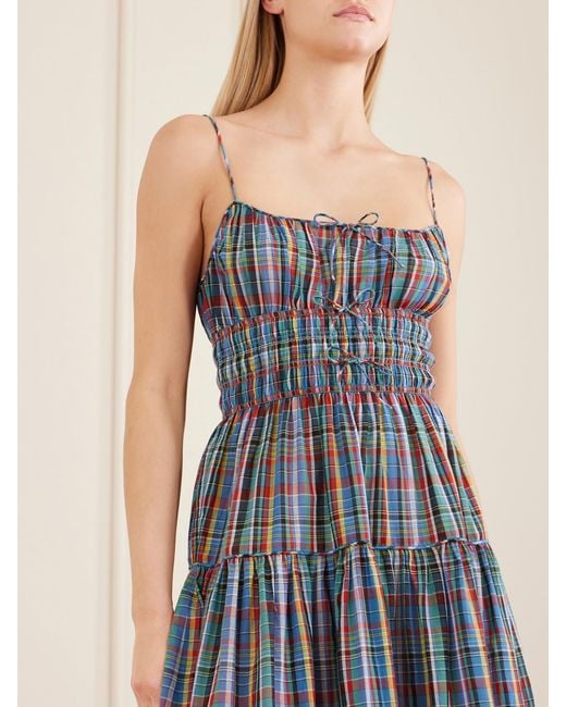 Doen Blue Brielle Gathered Checked Organic Cotton Midi Dress