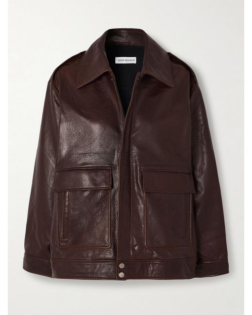 Nour Hammour Brown Drey Textured-Leather Jacket
