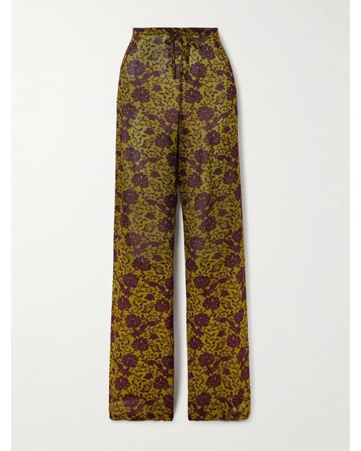 Dries Van Noten Natural Floral-Print Satin Straight-Leg Pants