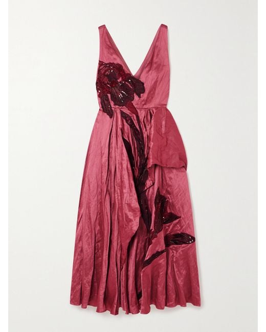 Erdem Appliquéd Ruffled Textured-Satin Midi Dress