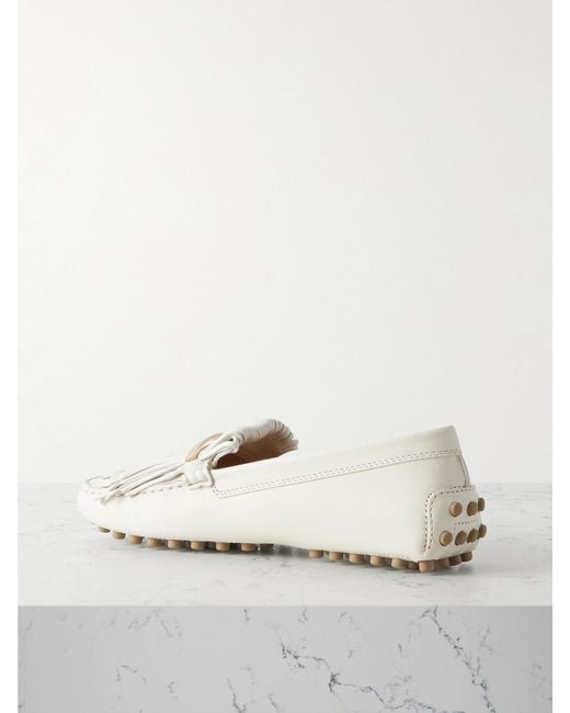 Tod's Natural Gommino Embellished Fringed Leather Loafers