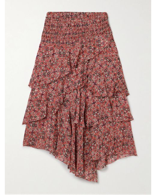 Isabel Marant Red Brigitte Asymmetrischer, Gestufter Rock Aus Bedrucktem Georgette Mit Volants