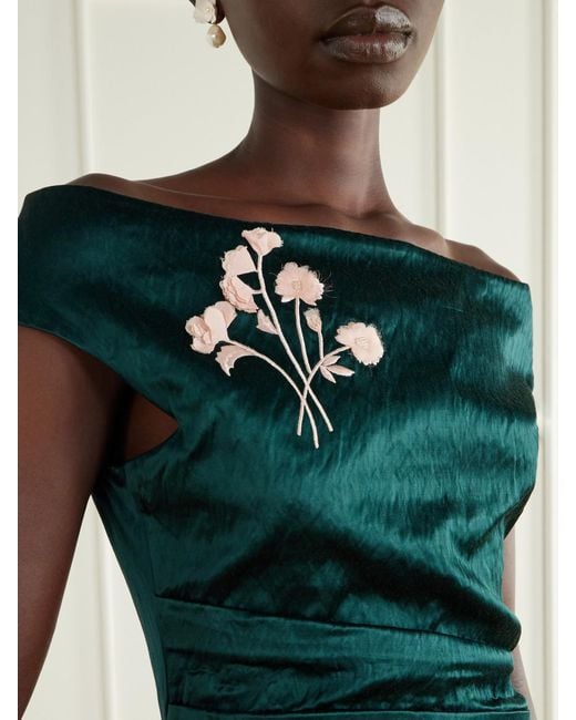 Erdem Green Floral-Embroidered Satin Midi Dress
