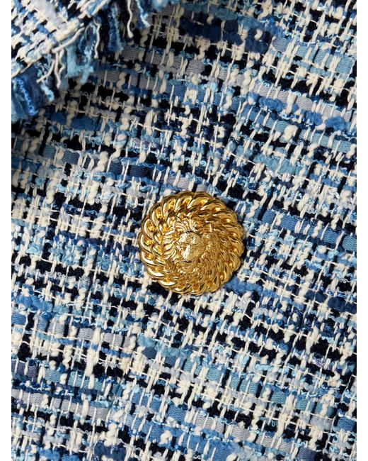 Balmain Blue Spencer Blazer Aus Tweed Aus Einer Baumwollmischung Mit Zierknöpfen Und Fransen