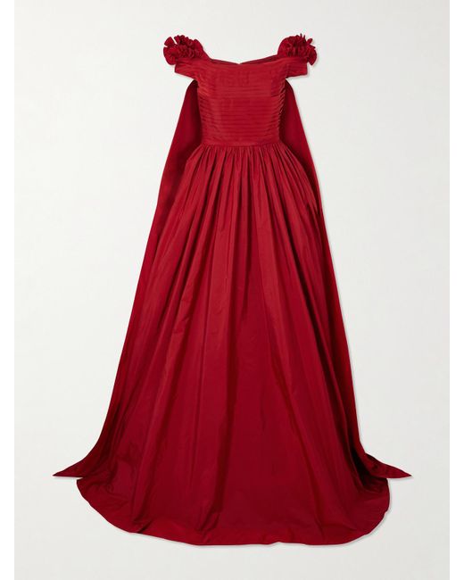 Elie Saab Red Schulterfreie Robe Aus Taft Mit Biesen, Falten Und Cape-effekt