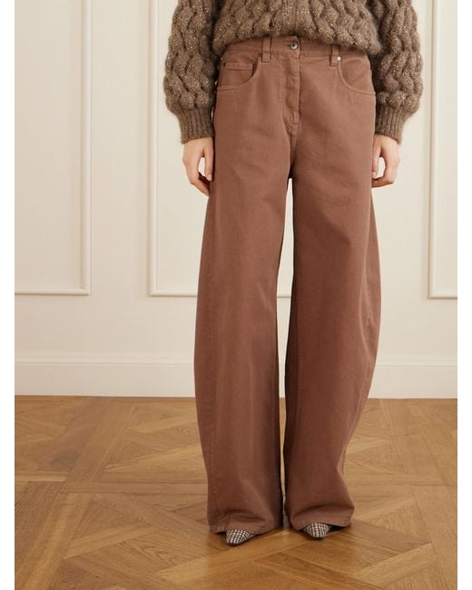 Brunello Cucinelli Brown Embellished High-Rise Wide-Leg Jeans