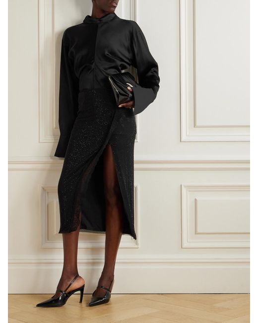 Self-Portrait Black Crystal-Embellished Lace-Trimmed Mesh Midi Skirt