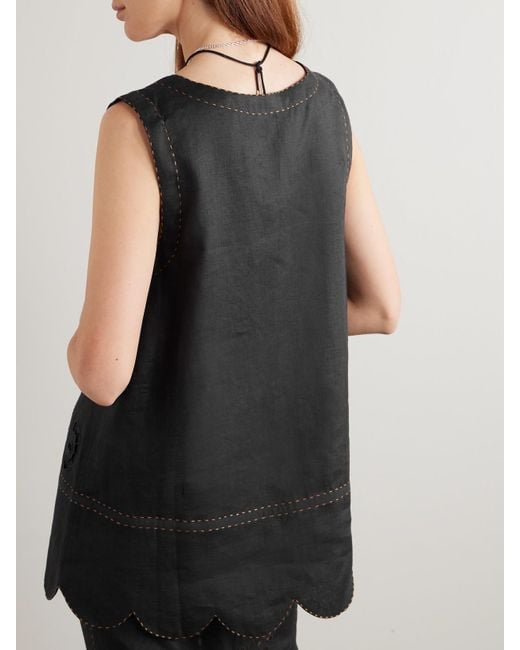 Vita Kin Black Orlando Scalloped Broderie Anglaise Linen Tank