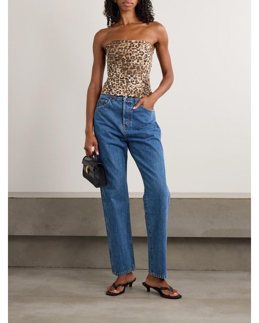 Aje. Metallic Sunbeam Strapless Ruched Leopard-Print Cotton-Poplin Top