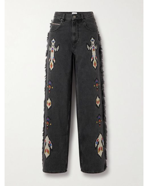 Isabel Marant Black Maella Fringed Jacquard-Trimmed High-Rise Straight-Leg Jeans