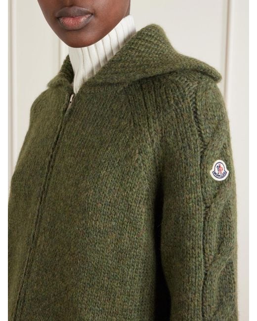Moncler Green Logo-Appliqué Cable Wool-Blend Cardigan