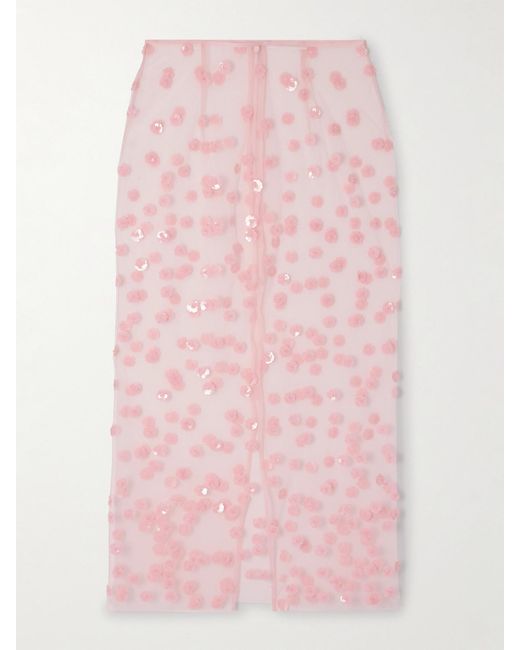 CECILIE BAHNSEN Pink Gus Embellished Tulle Midi Skirt