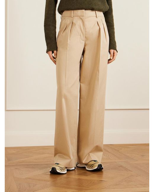 Moncler Natural Appliquéd Pleated Cotton-Twill Wide-Leg Pants