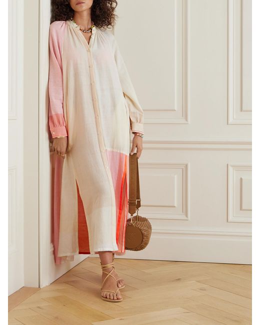 Lemlem Pink Makeda Belted Color-Block Cotton-Blend Maxi Shirt Dress